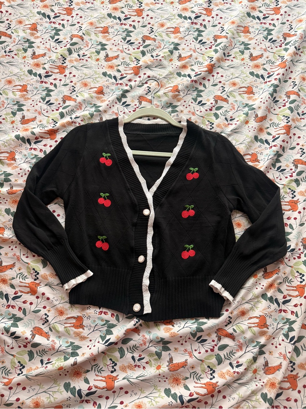 Black Cherry-Embroidered V-Neck Cardigan Sweater